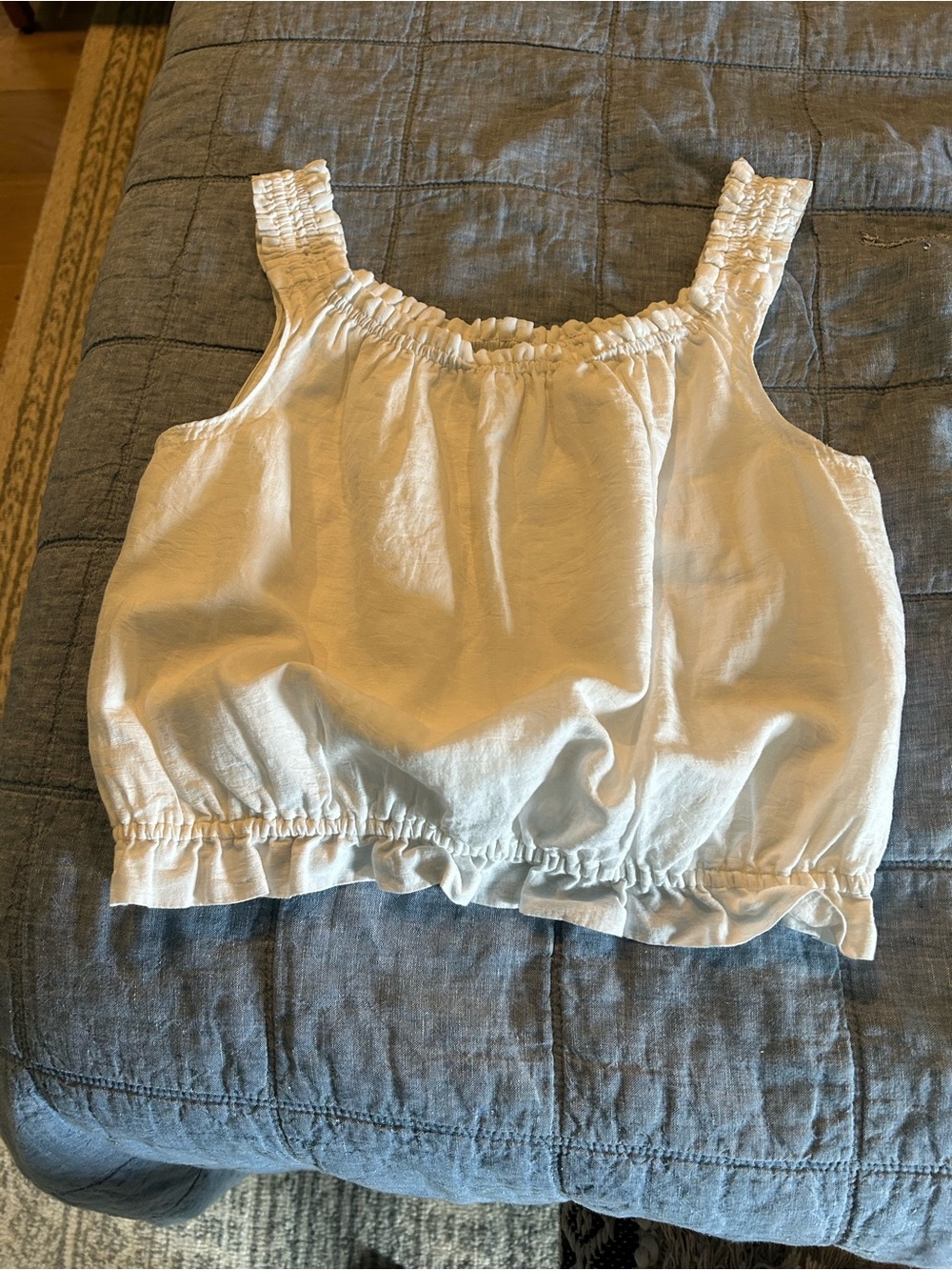Lightweight Cotton/Linen White Ruffled Elastic-Straps and Elastic-Hem Top